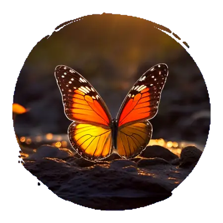 un papillon orange et noir dans la lumière d'un soleil couchant