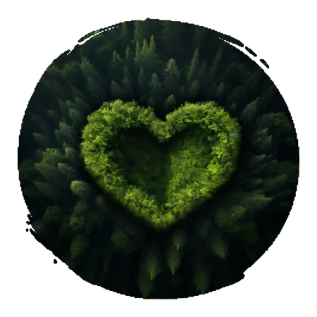 image d'une forêt de sapin avec, au centre, des arbres verts clairs qui forment un coeur