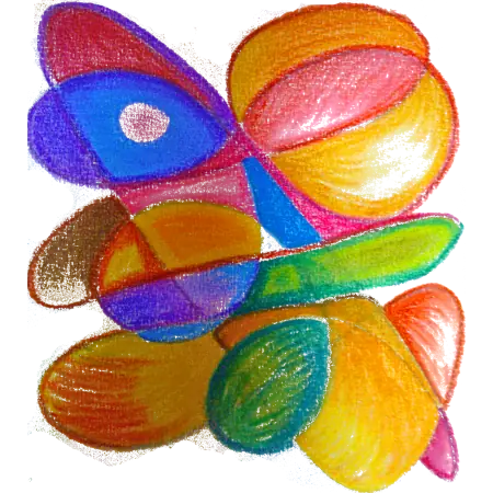 dessin abstrait fait avec des crayons de couleur. Il a des formes arrondies et des couleurs vives: jaune, rose, vert et bleu