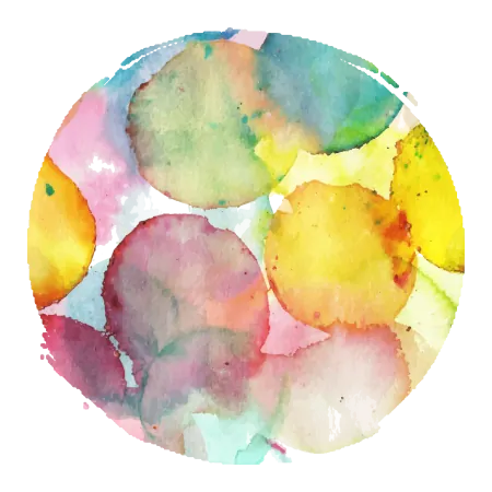 aquarelle avec des gros points irréguliers de différentes couleurs (jaune, bleu, vert, rouge) et se chevauchant